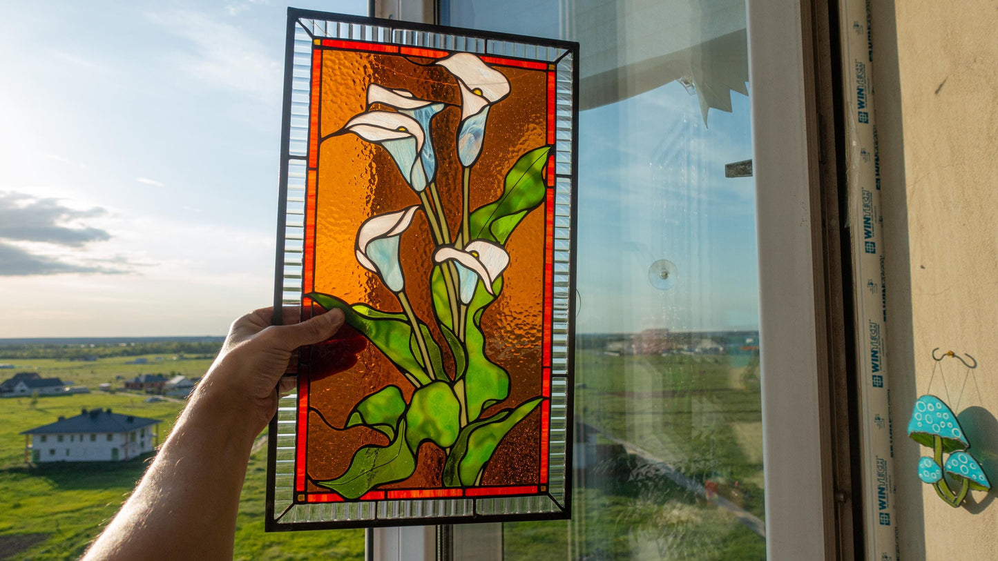 Calla Lily Stained Glass Panel — Elegant Floral Window Art, Wedding Flower Gift for Her