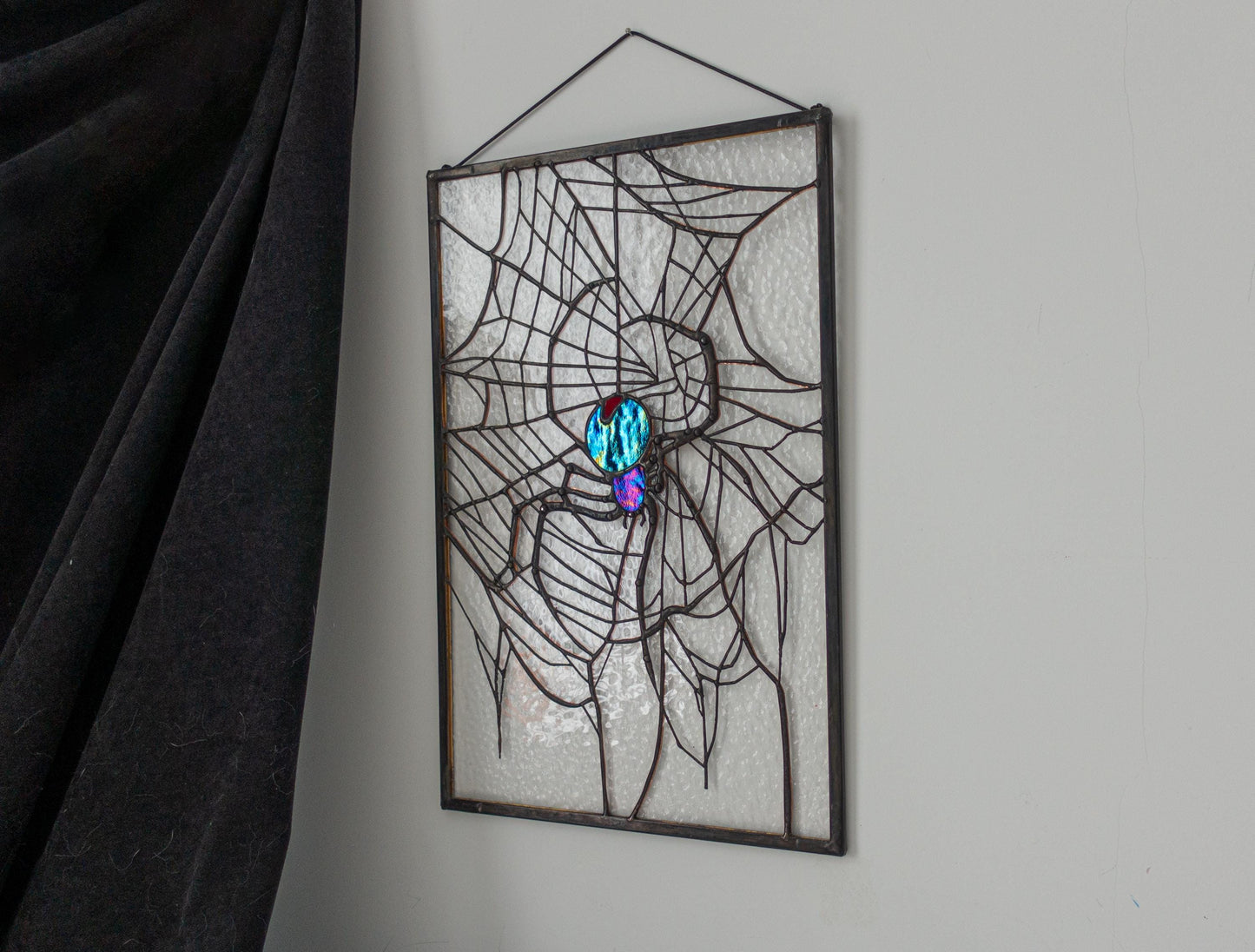 Spider on Web Stained Glass Panel — Gothic Arachnid Window Art, Halloween Witch Spooky Gift