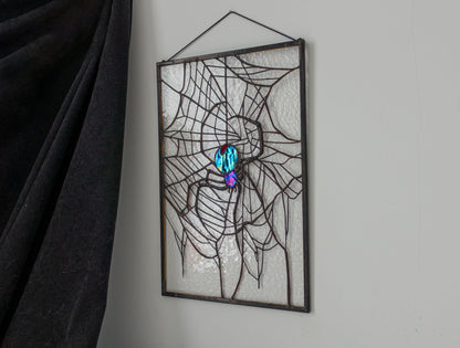 Spider on Web Stained Glass Panel — Gothic Arachnid Window Art, Halloween Witch Spooky Gift