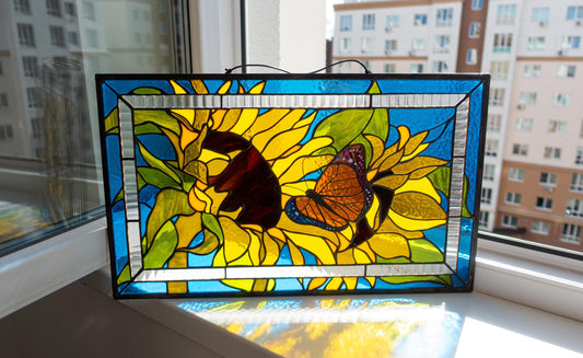 Stained Glass Window Panel — Sunflower and Butterfly, Horizontal Floral Hanging, Cottagecore Home Gift