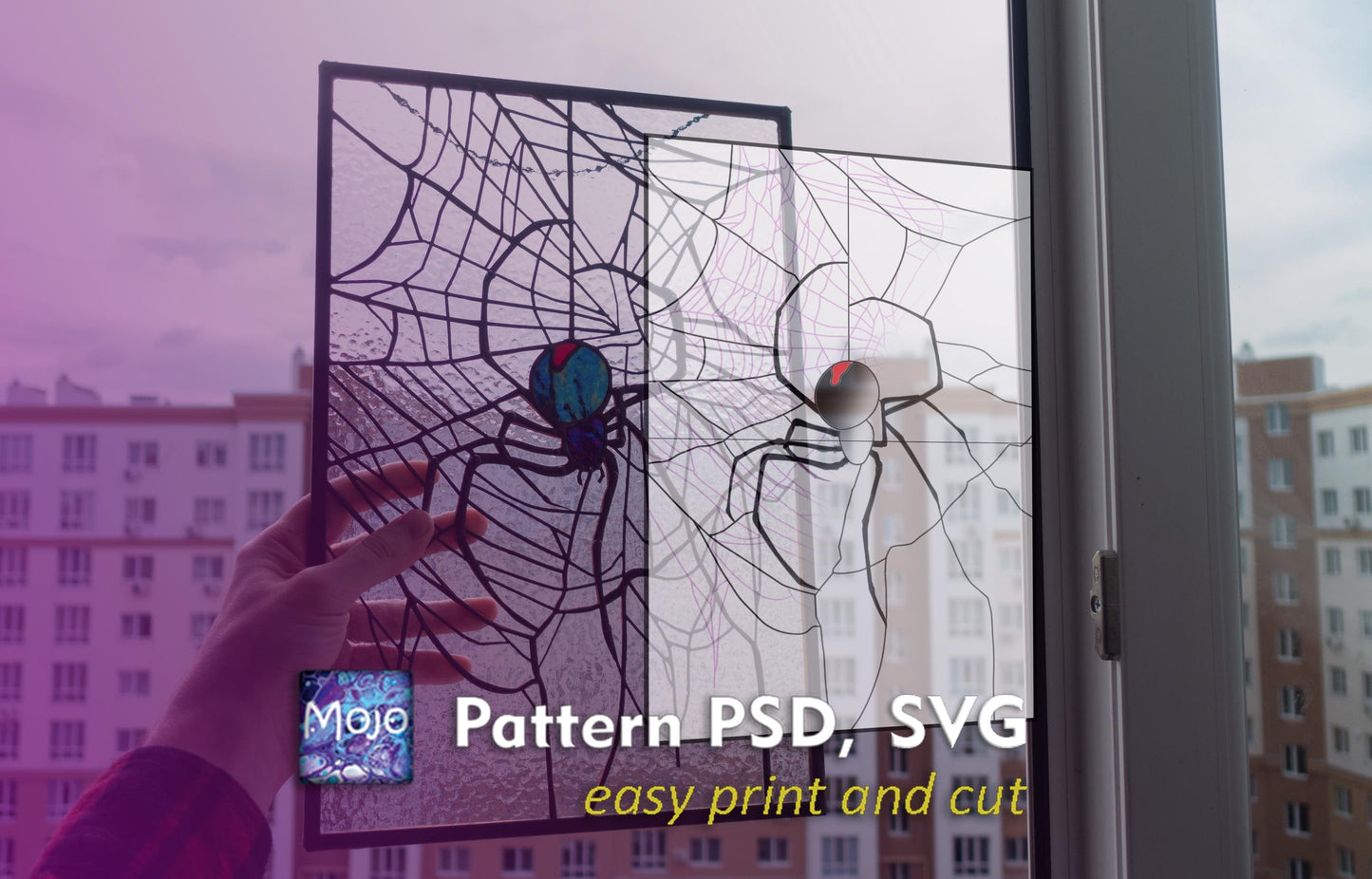 Halloween Spider Web Stained Glass Pattern — Spooky Gothic DIY Suncatcher Template, svg psd Download