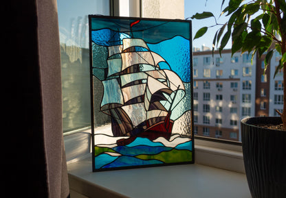 Stained Glass Window Panel — Sailing Ship Seascape, Nautical Ocean Hanging, Sailor Boat Gift