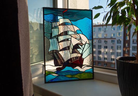 Stained Glass Window Panel — Sailing Ship Seascape, Nautical Ocean Hanging, Sailor Boat Gift