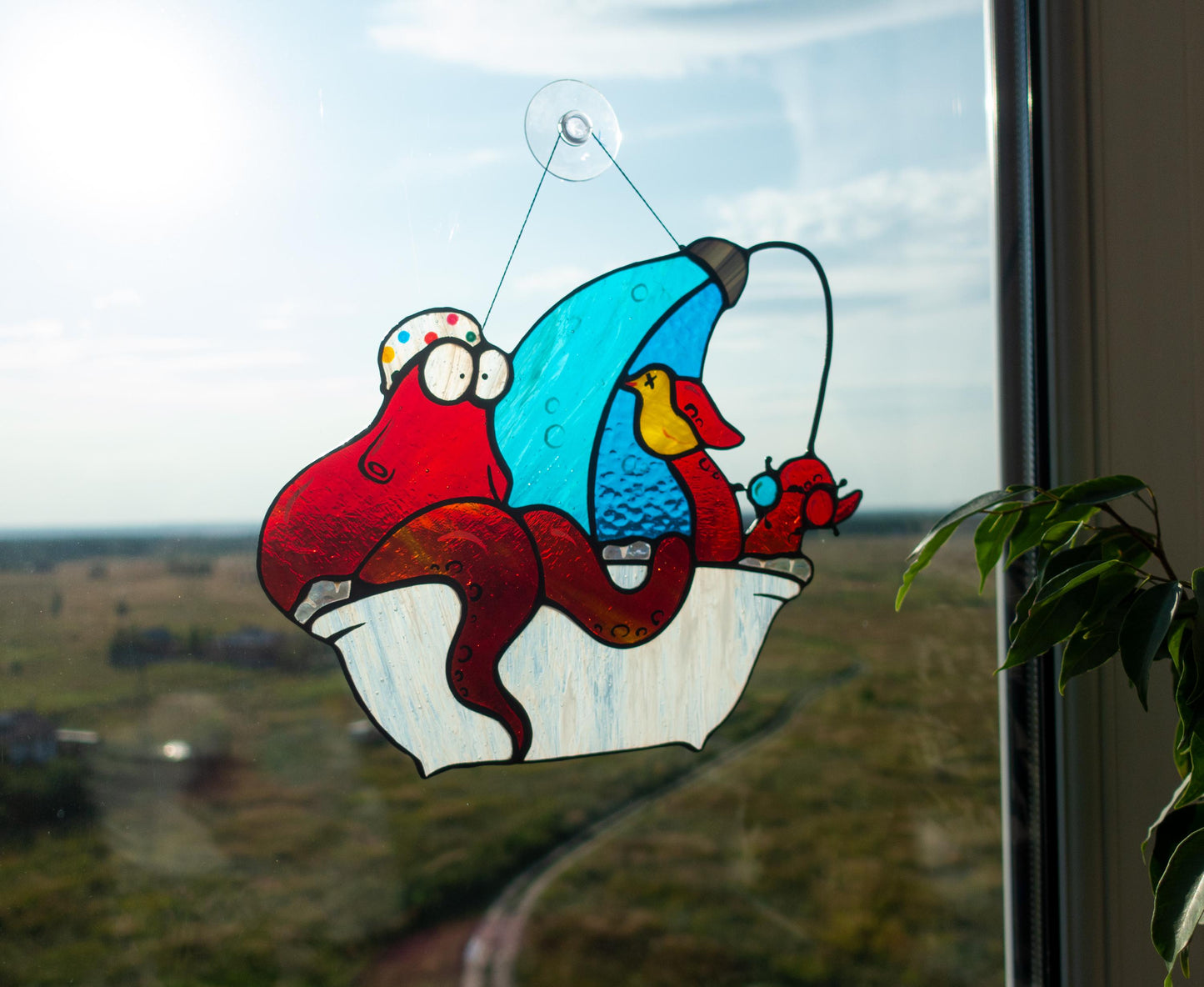 Octopus in Shower Stained Glass Pattern — Funny Bathroom DIY Suncatcher Template, svg psd Download