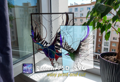 Crow Raven Stained Glass Pattern — Gothic Bird DIY Suncatcher Template, svg psd Download