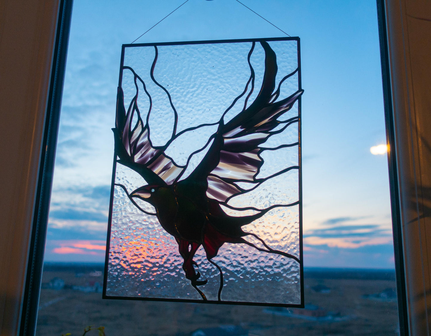 Crow Raven Stained Glass Pattern — Gothic Bird DIY Suncatcher Template, svg psd Download