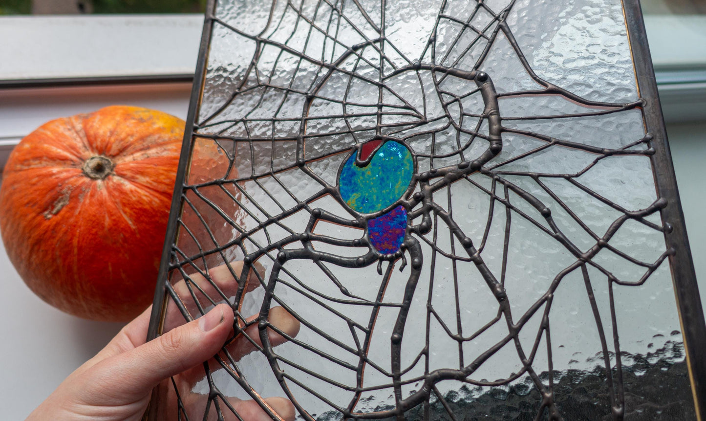 Spider on Web Stained Glass Panel — Gothic Arachnid Window Art, Halloween Witch Spooky Gift