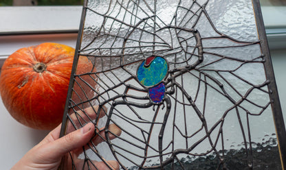 Spider on Web Stained Glass Panel — Gothic Arachnid Window Art, Halloween Witch Spooky Gift