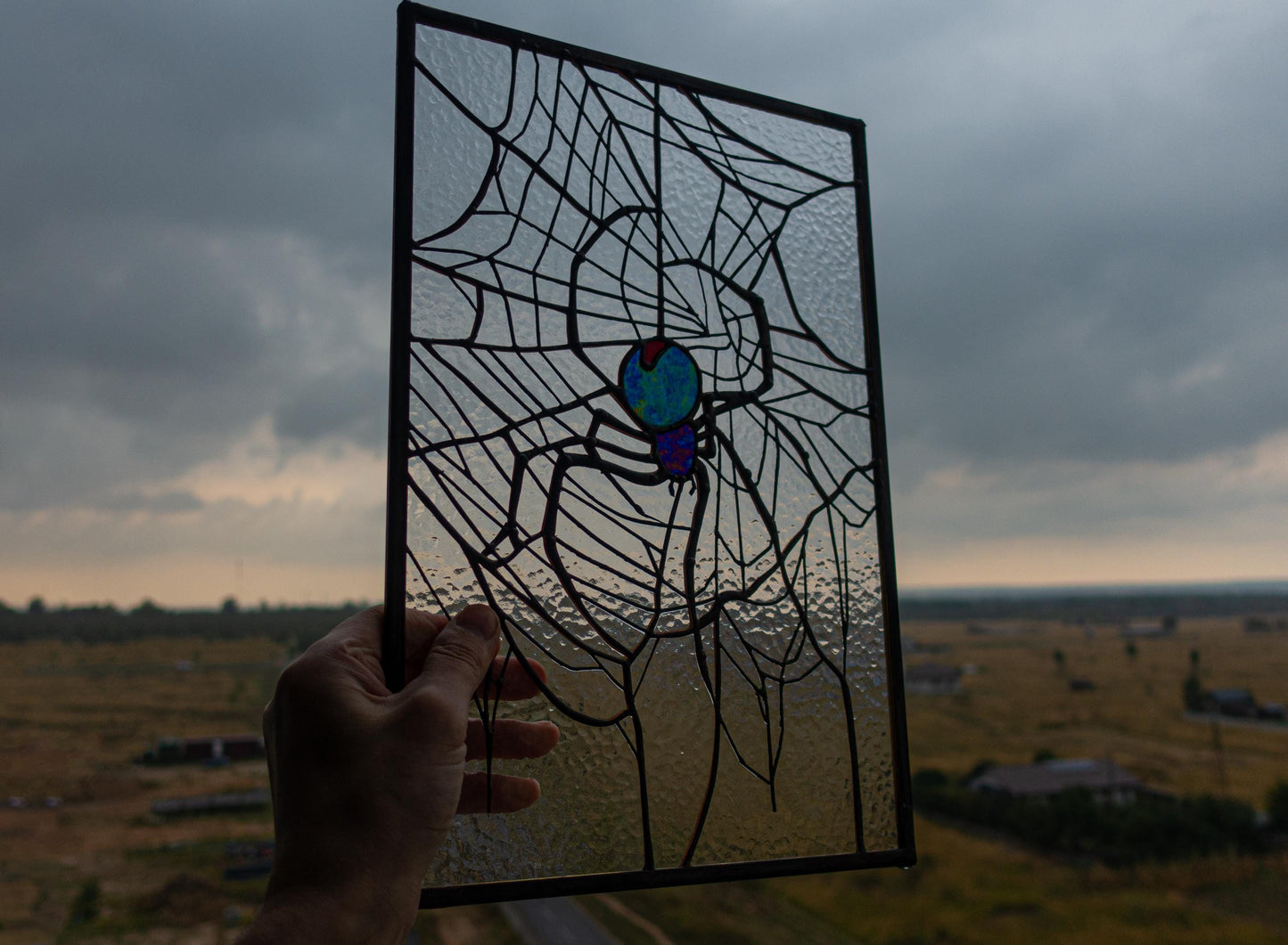 Spider on Web Stained Glass Panel — Gothic Arachnid Window Art, Halloween Witch Spooky Gift