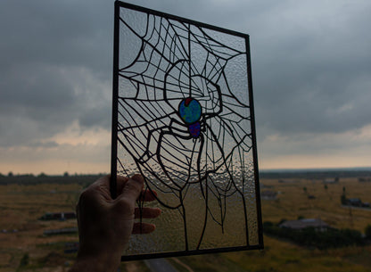 Spider on Web Stained Glass Panel — Gothic Arachnid Window Art, Halloween Witch Spooky Gift