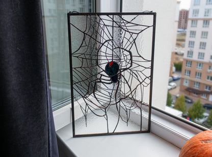 Spider on Web Stained Glass Panel — Gothic Arachnid Window Art, Halloween Witch Spooky Gift