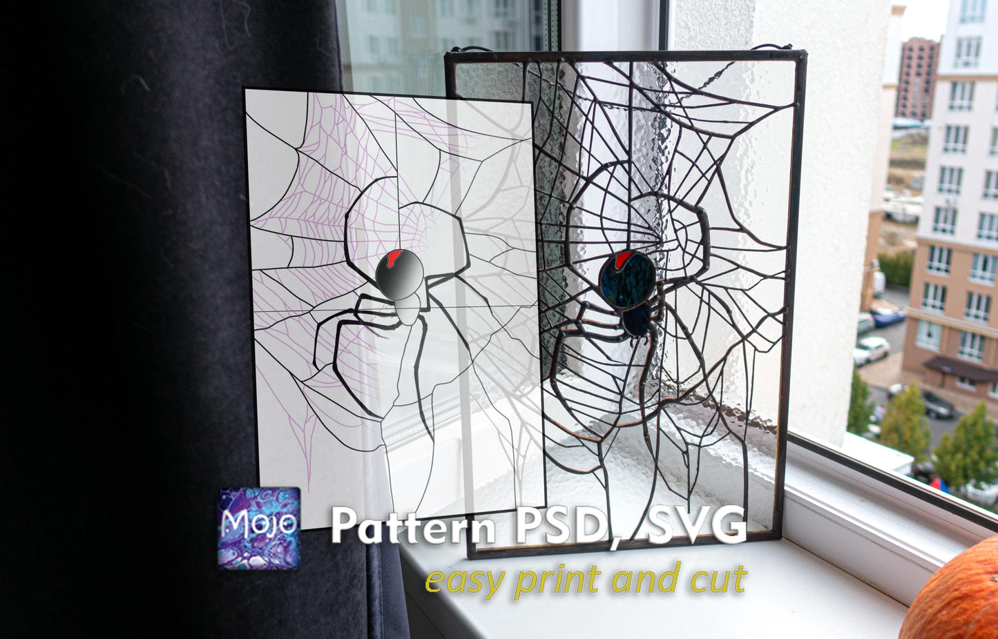 Halloween Spider Web Stained Glass Pattern — Spooky Gothic DIY Suncatcher Template, svg psd Download