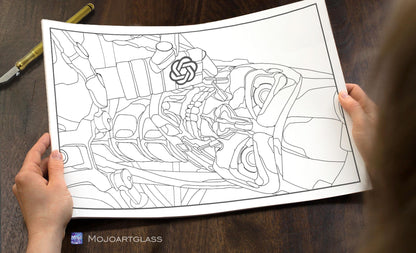 Cyborg Warrior Stained Glass Pattern — Sci-Fi Robot Skull DIY Suncatcher Template, svg psd Download