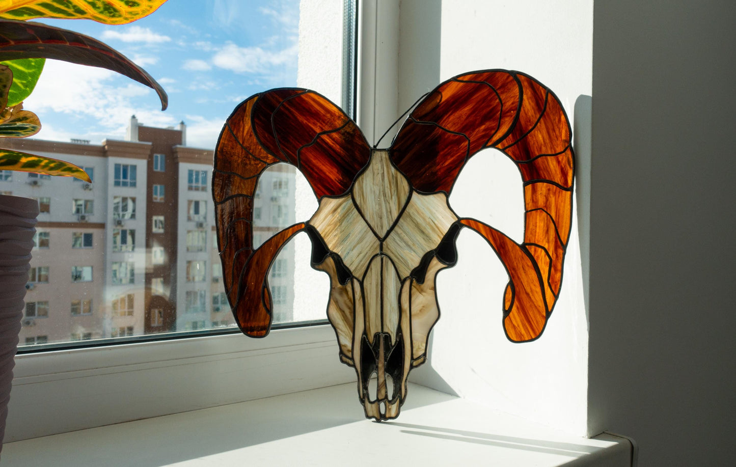 Occult Goat Skull Stained Glass Panel — Gothic Dark Window Art, Witch Halloween Horror Decor Gift