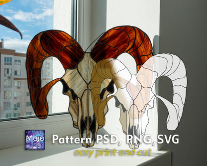 Goat Skull Stained Glass Pattern — Occult Gothic DIY Suncatcher Template, svg psd Download