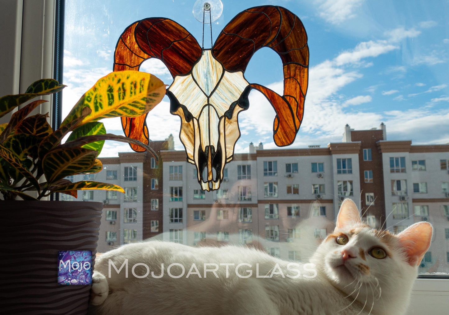 Goat Skull Stained Glass Pattern — Occult Gothic DIY Suncatcher Template, svg psd Download