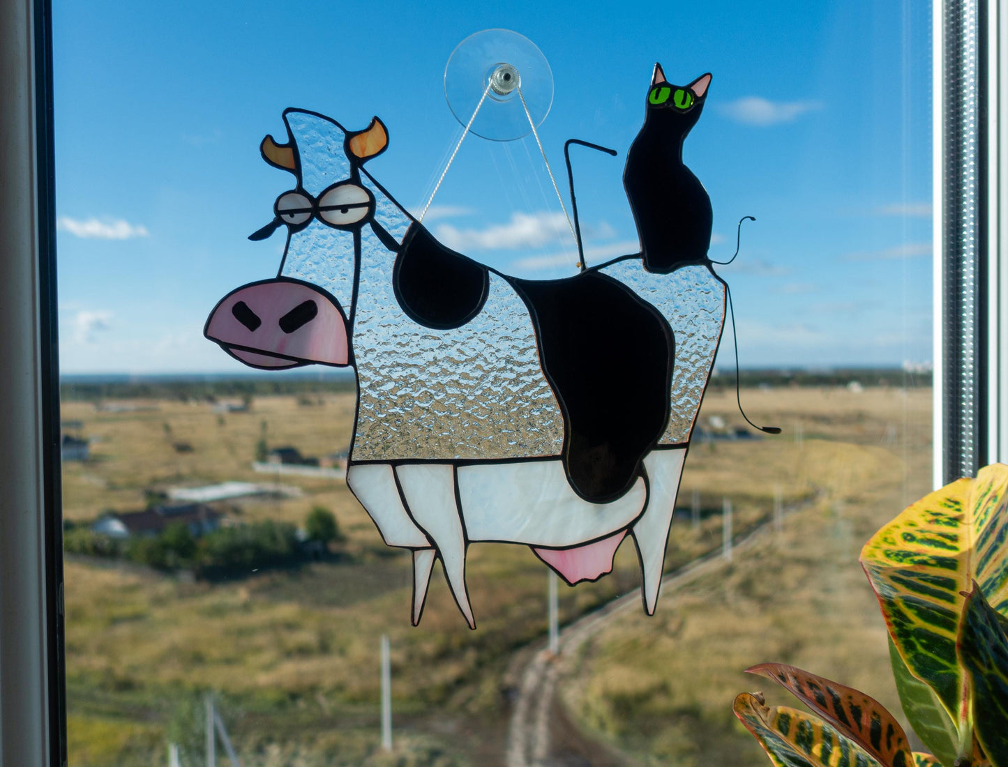 Cowshake Stained Glass Suncatcher — Cat Drank the Cow, Funny Kitchen Window Art, Cat Lover Gift