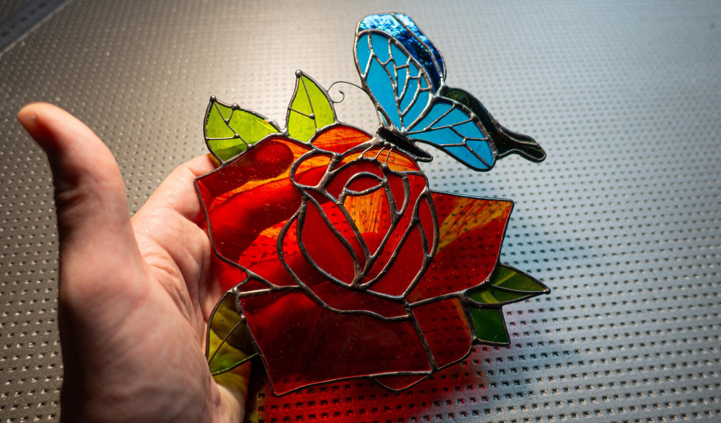 Rose and Butterfly Stained Glass Suncatcher — Romantic Floral Window Art, Gift for Her