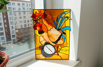 Stained Glass Panel — Funny Rooster Wakes the Sun, Farmhouse Kitchen Decor, Morning Person Gift