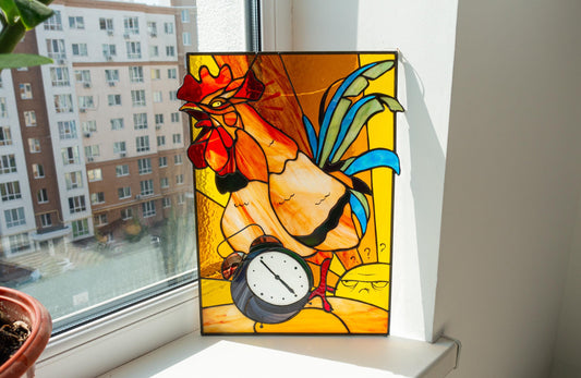 Stained Glass Panel — Funny Rooster Wakes the Sun, Farmhouse Kitchen Decor, Morning Person Gift