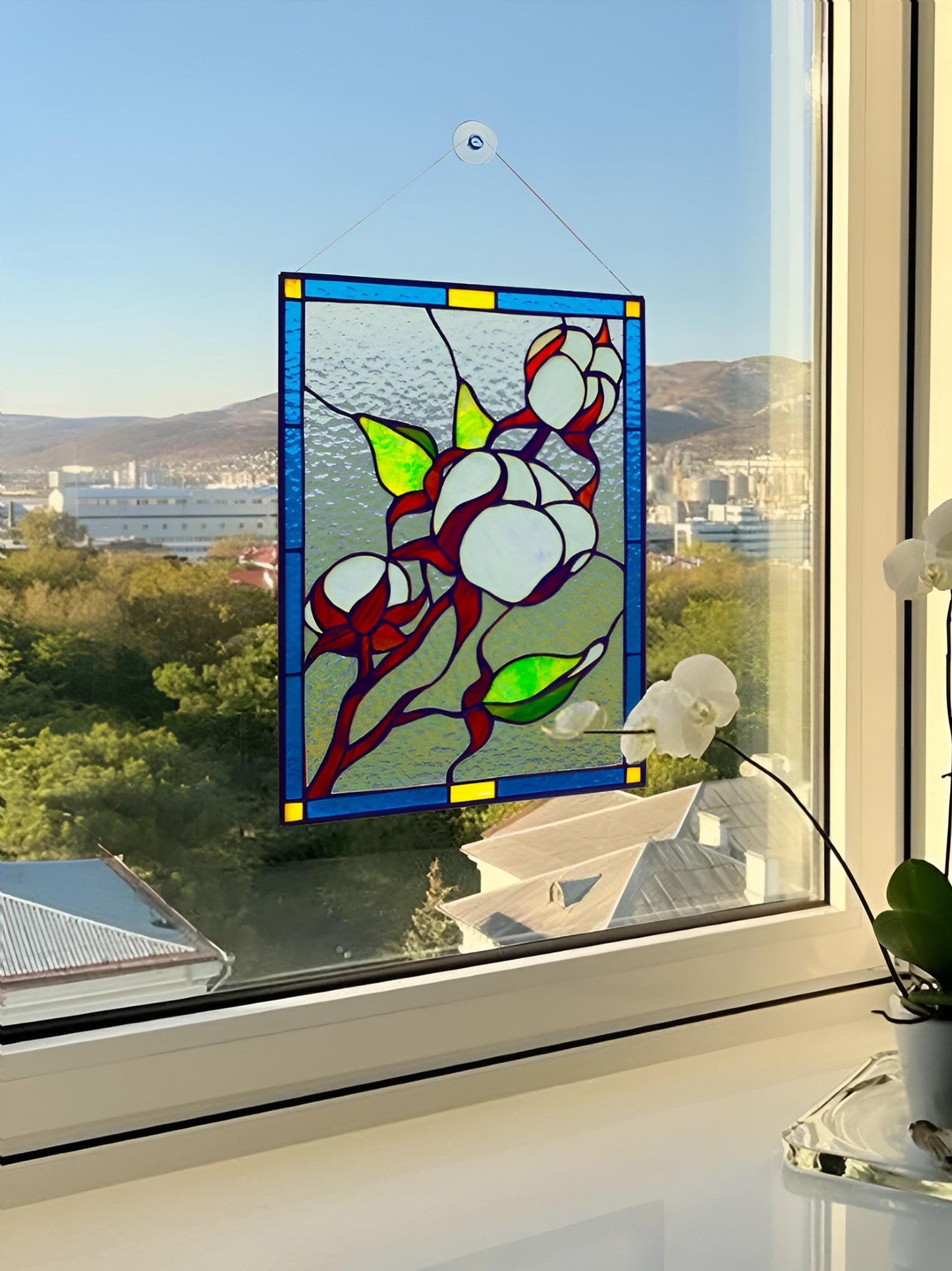 Cotton Branch Stained Glass Suncatcher — Farmhouse Botanical Window Art, Natural Home Gift Her