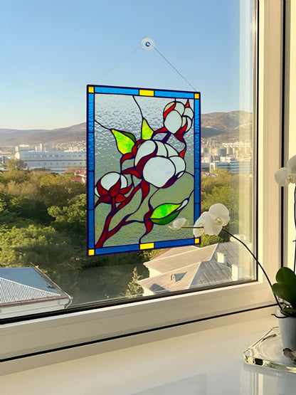 Cotton Branch Stained Glass Suncatcher — Farmhouse Botanical Window Art, Natural Home Gift Her
