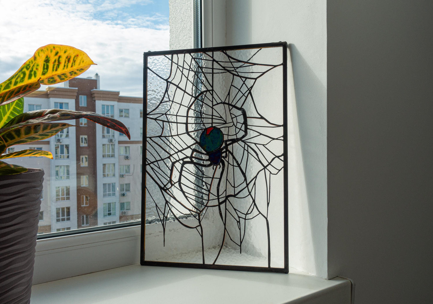Spider on Web Stained Glass Panel — Gothic Arachnid Window Art, Halloween Witch Spooky Gift