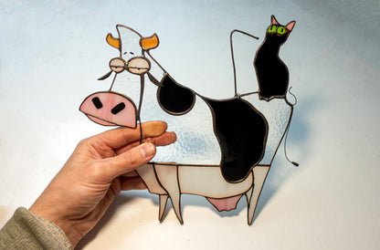 Cowshake Stained Glass Suncatcher — Cat Drank the Cow, Funny Kitchen Window Art, Cat Lover Gift