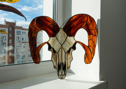 Occult Goat Skull Stained Glass Panel — Gothic Dark Window Art, Witch Halloween Horror Decor Gift