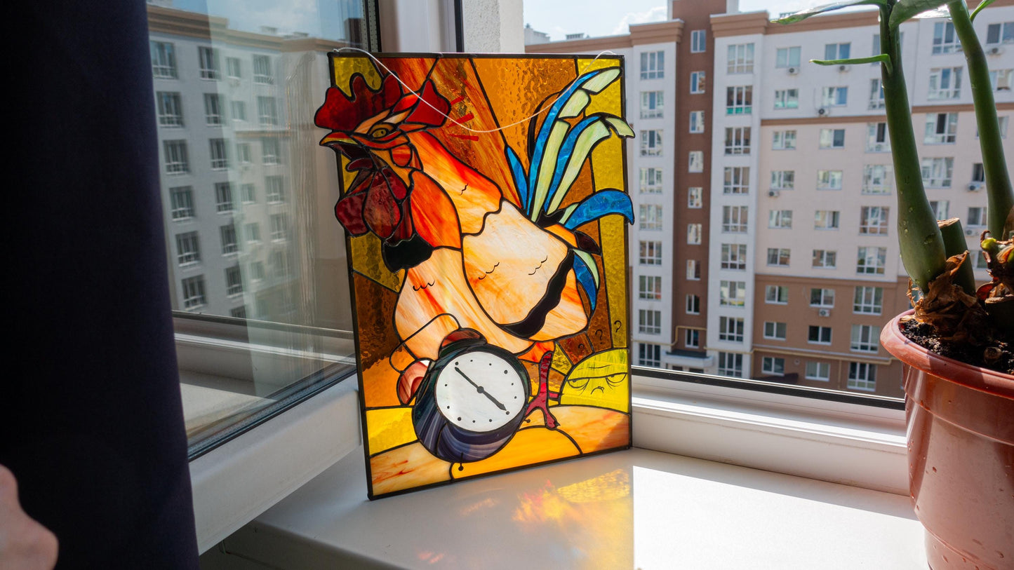 Stained Glass Panel — Funny Rooster Wakes the Sun, Farmhouse Kitchen Decor, Morning Person Gift