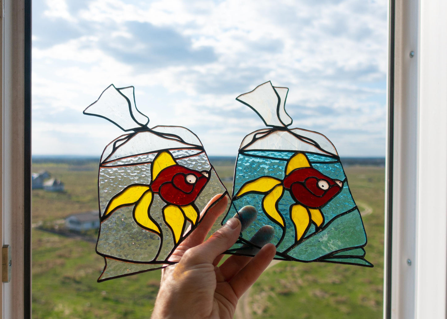 Goldfish in a Bag Suncatcher — Carnival Fish Nostalgic Window Art, Aquarist Fish Lover Gift
