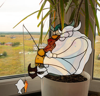 Viking Fishing Stained Glass Pattern — Funny Norse DIY Suncatcher Template, svg psd Download