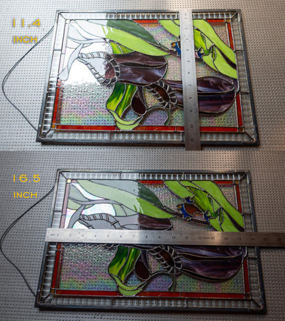 Nepenthes Pitcher Plant Stained Glass Panel — Blue Frog Carnivorous Plant, Botanical Window Art