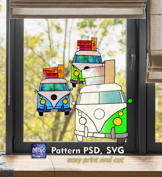 Retro Bus Stained Glass Pattern — Vintage Travel DIY Suncatcher Template, svg psd Download