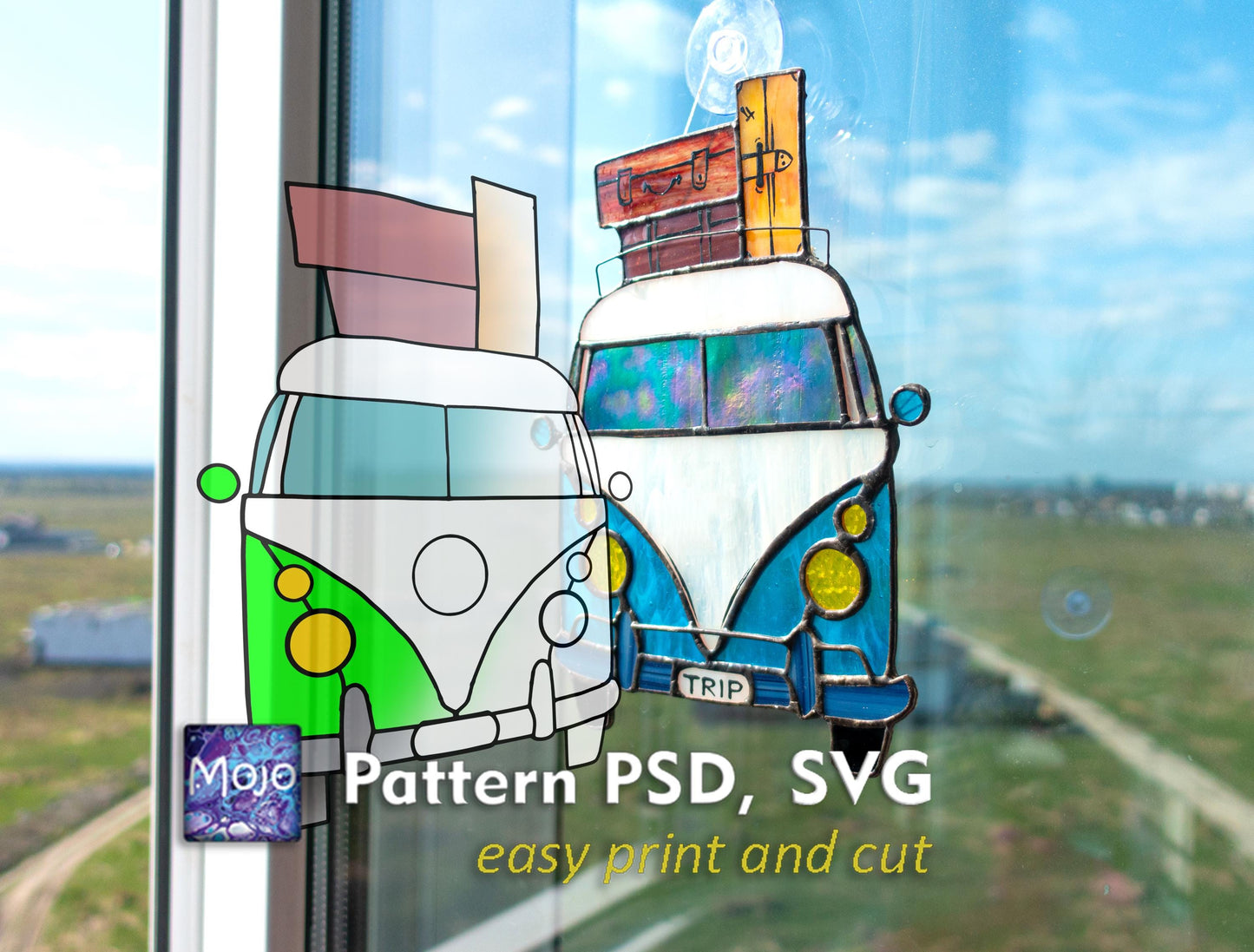 Retro Bus Stained Glass Pattern — Vintage Travel DIY Suncatcher Template, svg psd Download