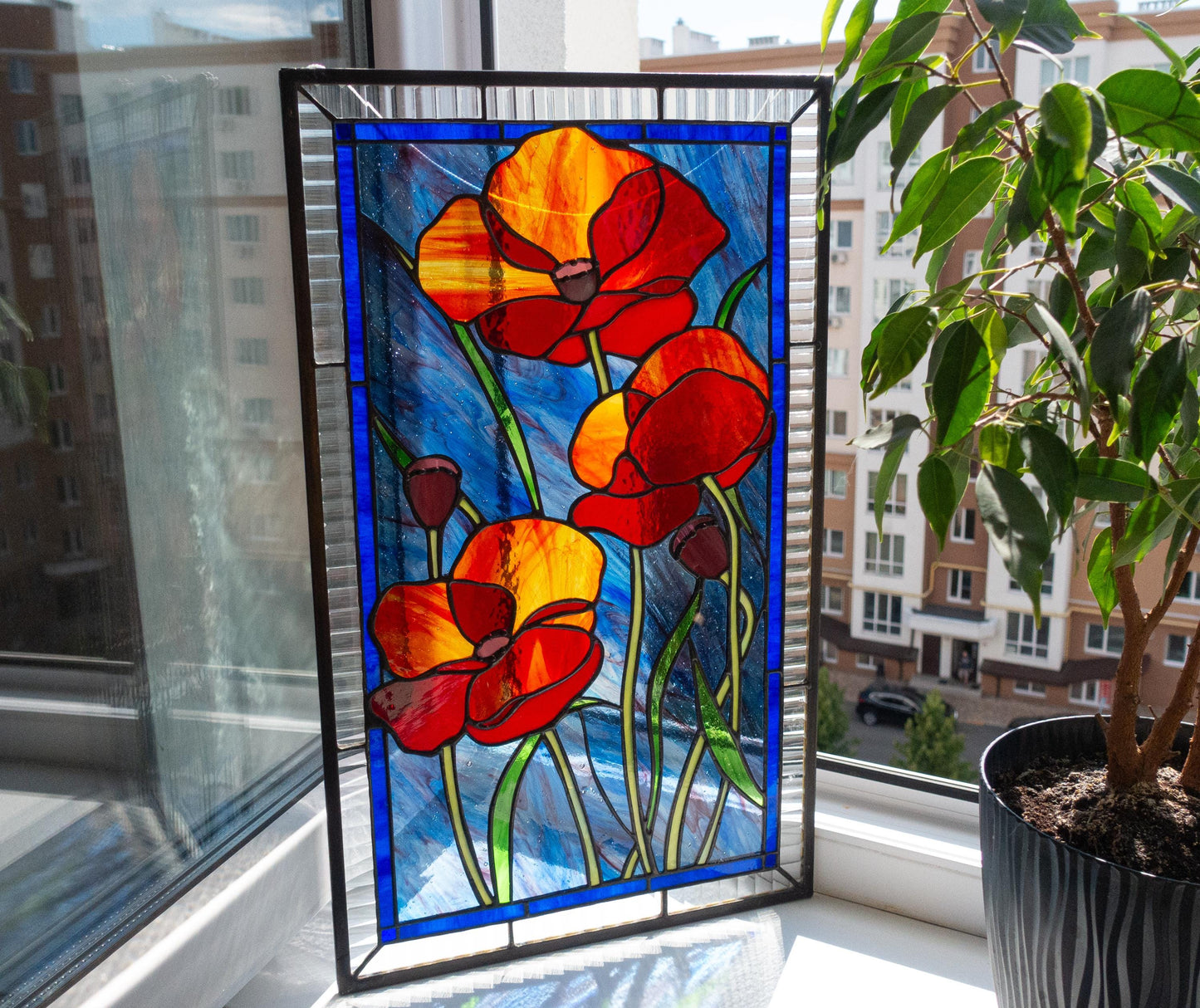 Red Poppies Stained Glass Panel — Wildflower Window Hanging, August Birth Flower Gift Her