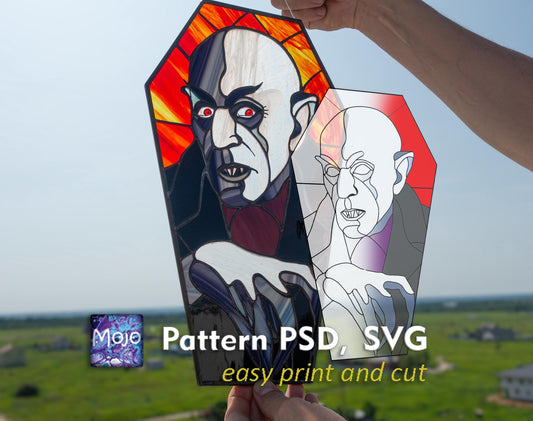 Nosferatu Vampire Stained Glass Pattern — Gothic Halloween DIY Suncatcher Template, svg psd Download