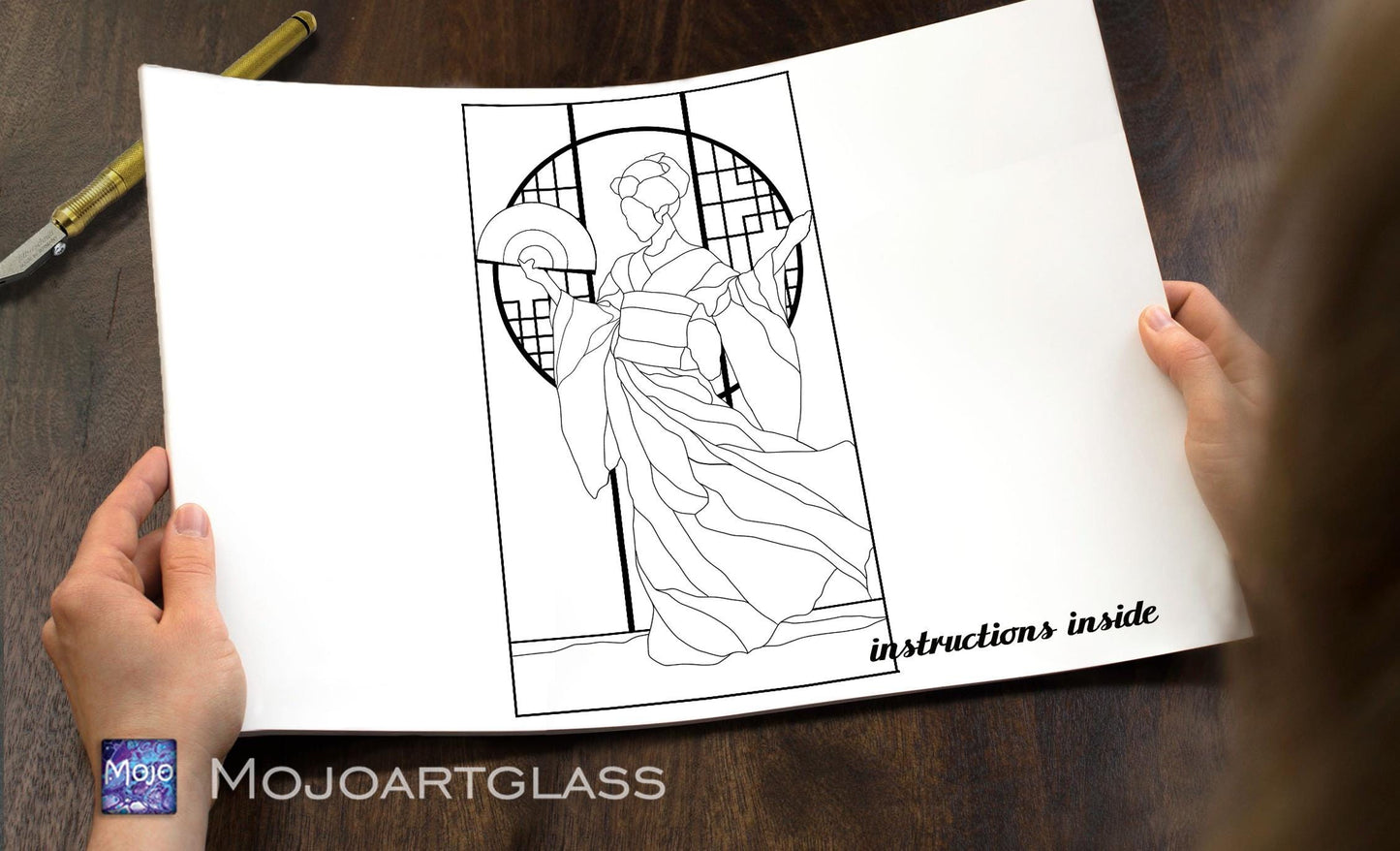 Geisha Stained Glass Pattern — Japanese Kimono DIY Suncatcher Template, svg psd Download