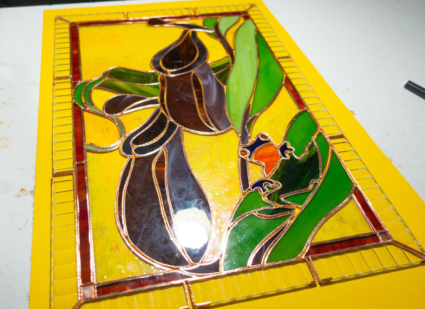Nepenthes Pitcher Plant Stained Glass Panel — Blue Frog Carnivorous Plant, Botanical Window Art