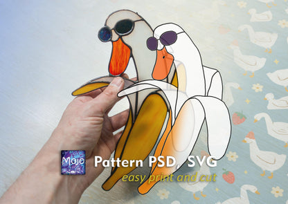 Banana Duck Stained Glass Pattern — What the Quack Meme DIY Suncatcher Template, svg psd Download