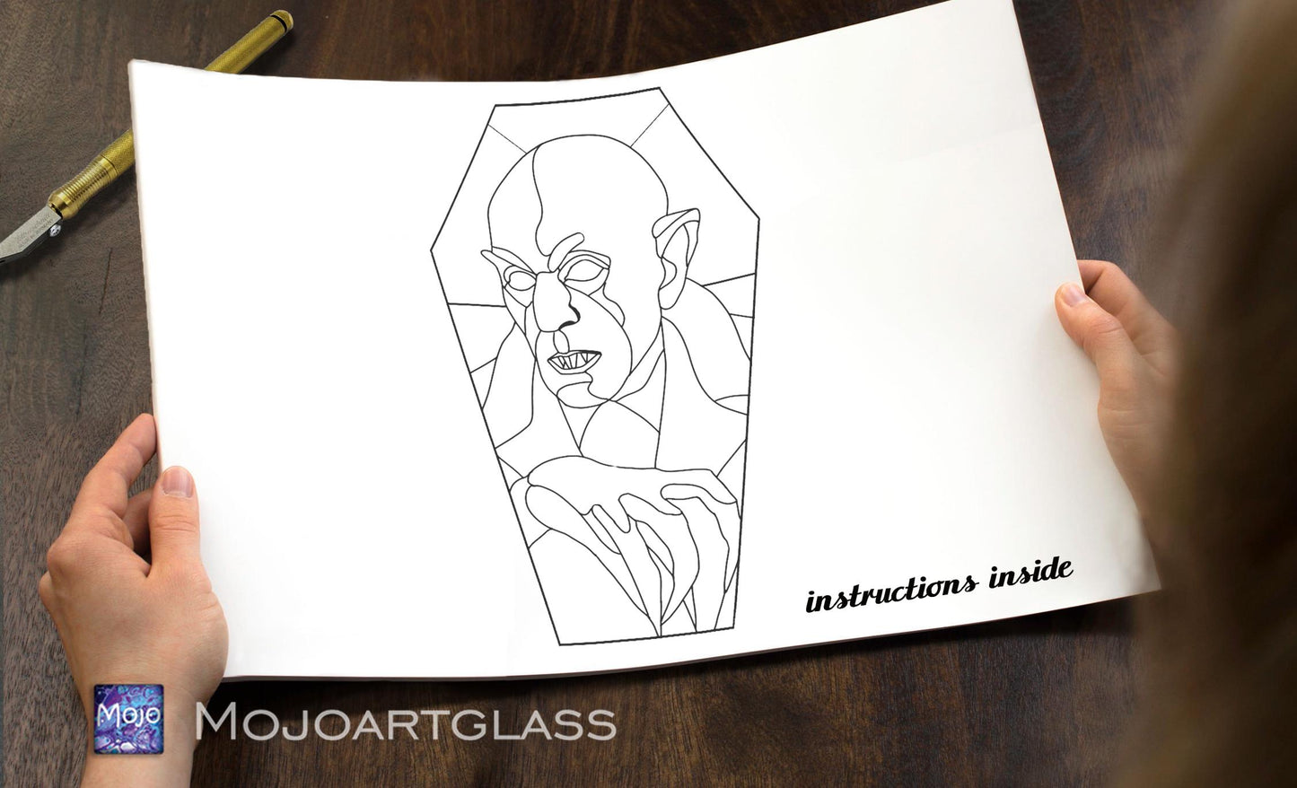 Nosferatu Vampire Stained Glass Pattern — Gothic Halloween DIY Suncatcher Template, svg psd Download