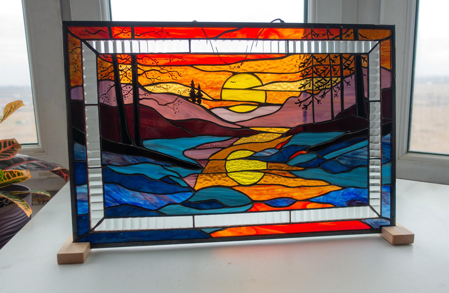 Stained Glass Window Panel — Landscape Mountain Sunset, Large Window Hanging, Housewarming Gift