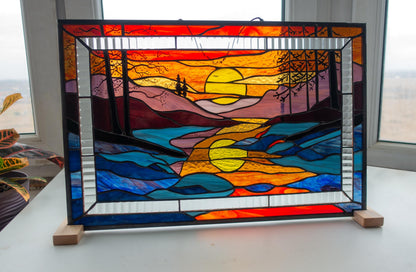 Stained Glass Window Panel — Landscape Mountain Sunset, Large Window Hanging, Housewarming Gift