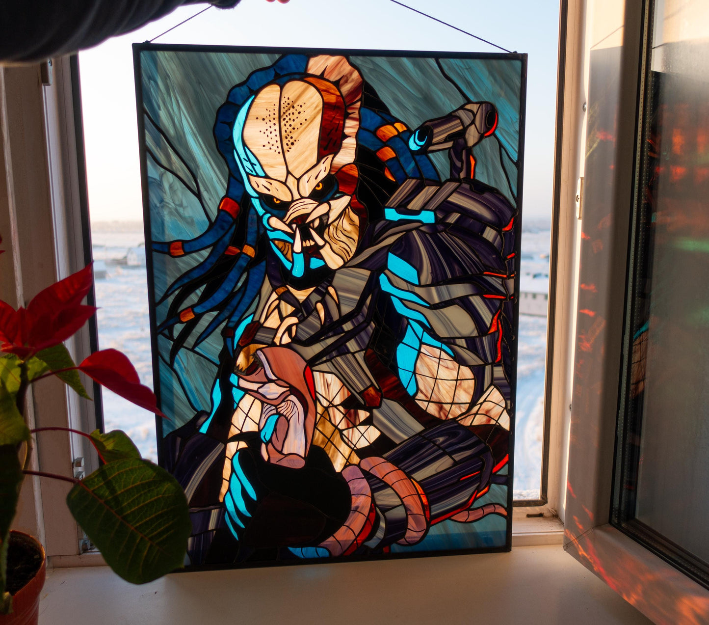 Alien Hunter Stained Glass Panel — Sci-Fi Cosmic Warrior Large Window Art, Horror Gift