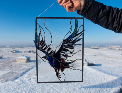 Stained Glass Panel — Gothic Raven Black Bird, Dark Academia Window Hanging, Witchy Home Gift