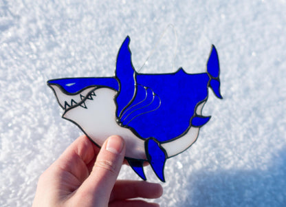 Chonky Shark Stained Glass Suncatcher — Fat Cute Blue Shark, Funny Ocean Window Art Gift