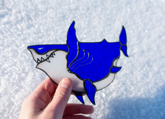 Chonky Shark Stained Glass Suncatcher — Fat Cute Blue Shark, Funny Ocean Window Art Gift