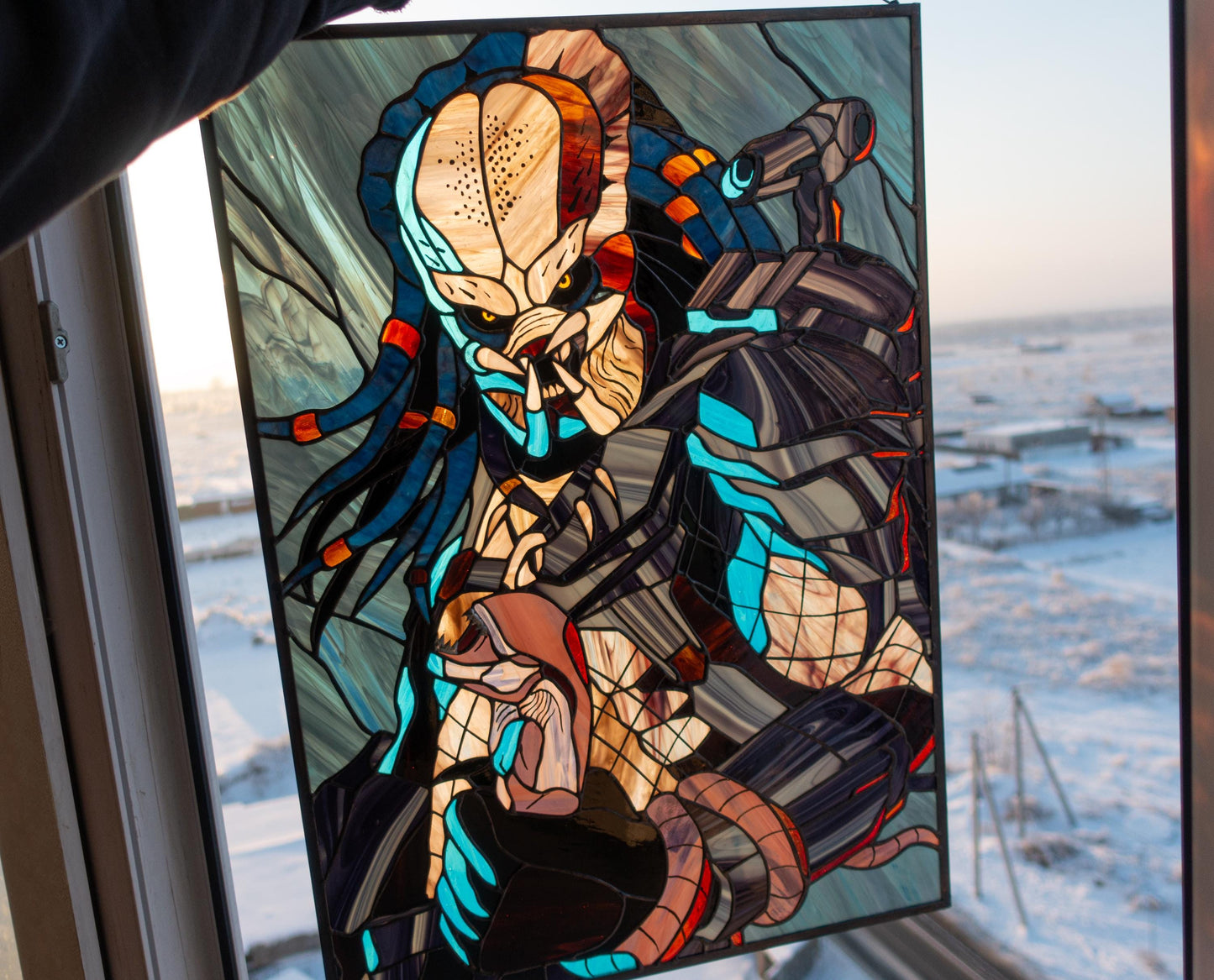 Alien Hunter Stained Glass Panel — Sci-Fi Cosmic Warrior Large Window Art, Horror Gift