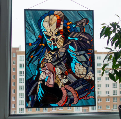 Alien Hunter Stained Glass Panel — Sci-Fi Cosmic Warrior Large Window Art, Horror Gift