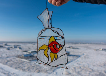 Goldfish in a Bag  Stained Glass Suncatcher Detail View